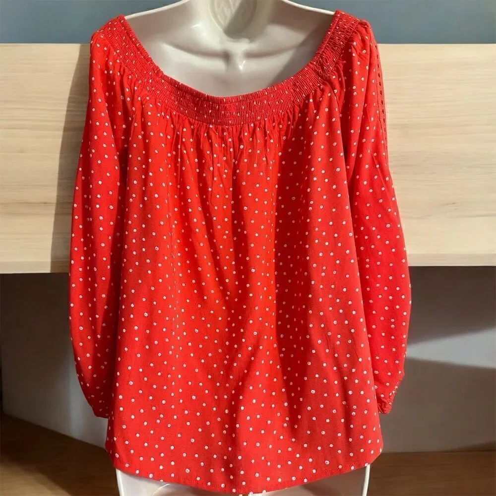 Maurices Red White Polka Dot Smocked Off The Shoulder Flowy Long Sleeve Blouse